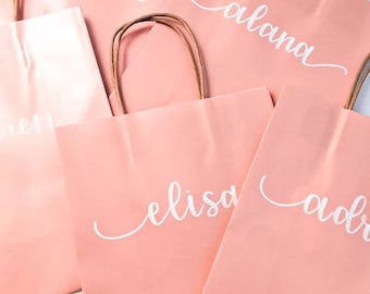 Personalized Pink Bridesmaid Gift Bags | Rose Gold Wedding Favors