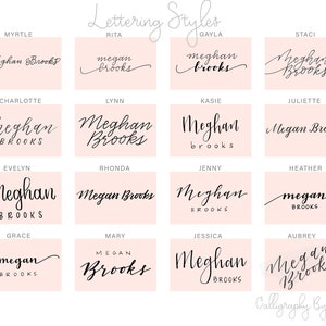 May include: A pink and white chart with 16 different lettering styles for the name "Meghan Brooks". Each style is displayed in a separate box with a name above it. The text "Lettering Styles" is at the top of the chart. The text "Calligraphy By Deanna" is at the bottom of the chart.