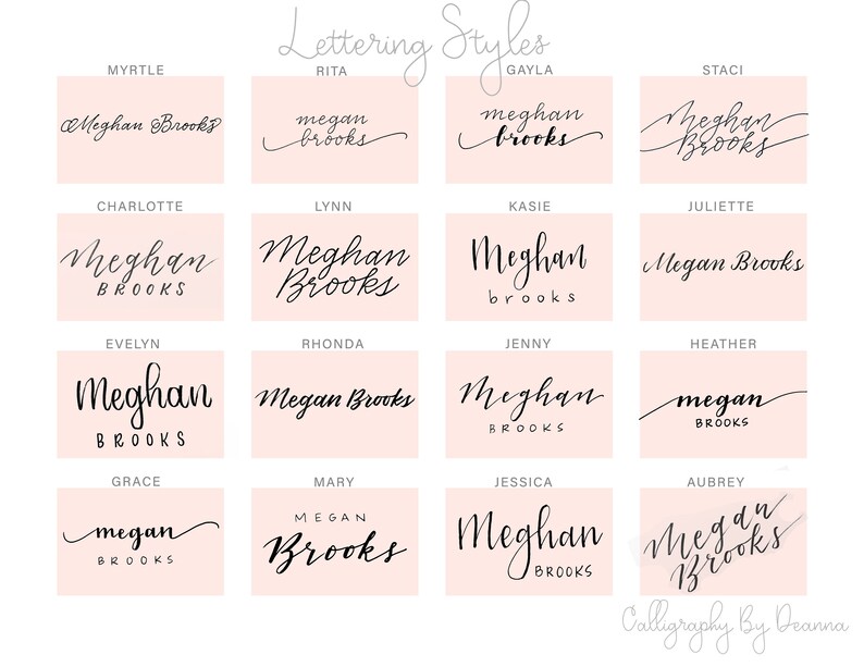 May include: A pink and white chart with 16 different lettering styles for the name "Meghan Brooks". Each style is displayed in a separate box with a name above it. The text "Lettering Styles" is at the top of the chart. The text "Calligraphy By Deanna" is at the bottom of the chart.