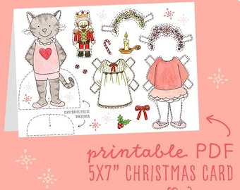 Carte de Noël de ballet casse-noisette à imprimer, déguisement de chat tigré avec des découpes de poupée en papier pour petites filles