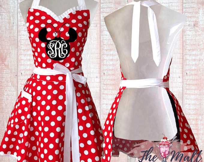 MALT SHOPPE Red Polka Dot Retro Monogrammed Minnie Apron Custom