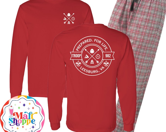 MALT SHOPPE BSA Loungewear Set Long Sleeve Red tee and Gray/Plaid Flannel Pants
