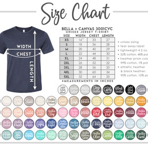 May include: Size chart for Bella + Canvas 3001CVC unisex jersey t-shirt. The chart shows measurements in inches for width, chest, and length for sizes XS to 5XL.  Unisex sizing, tear away label, lightweight 4.2 oz., 52% cotton, 48% polyester, heather prism colors: 99% cotton, 1% polyester, athletic heather & black heather: 90% cotton, 10% polyester.