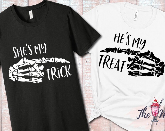 MALT SHOPPE Halloween Couples Shirt He's My Treat She's My Trick Honeymoon Party Shirt Set TWO shirts