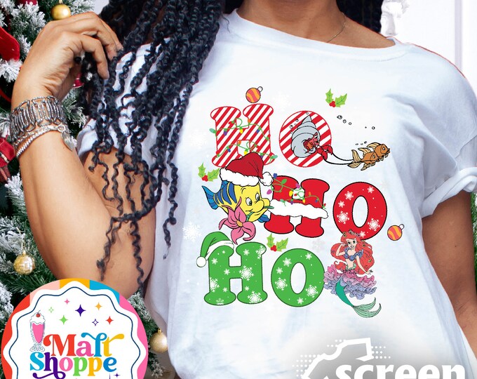 MALT SHOPPE Disney Ho Ho Ho Ariel Little Mermaid Flounder Eric Sebastian Family Tee Shirt