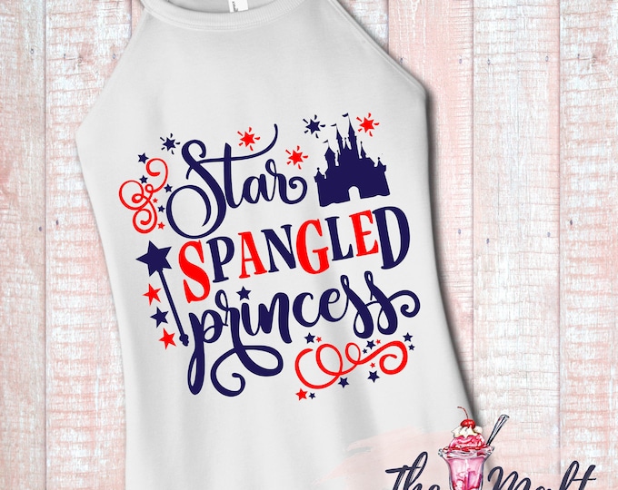 MALT SHOPPE Star Spangled Princess Castle Women's Rocker Tank American Patriotic July 4 inspired by Disney