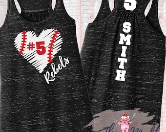 MALT SHOPPE Baseball Love My Player Custom Number Bella Flowy Racerback District Tri Gathered Plus Size up to 4X Tank Top