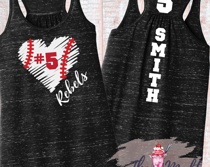 MALT SHOPPE Baseball Love My Player Custom Number Bella Flowy Racerback District Tri Gathered Plus Size up to 4X Tank Top
