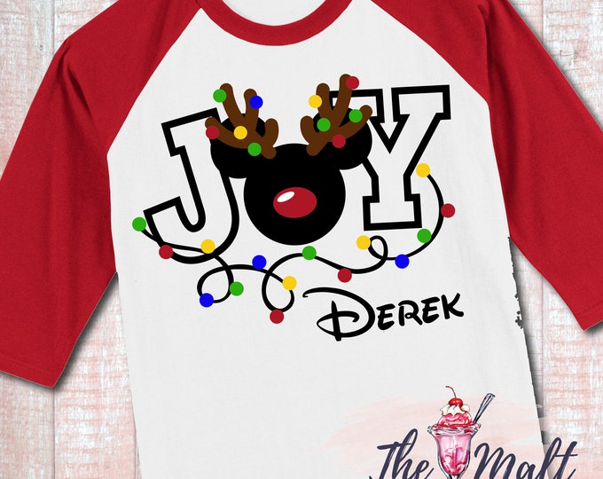 MALT SHOPPE Christmas Jollywood Nights JOY Mickey Reindeer Matching Vacation Raglan Shirt Toddler Youth Adult