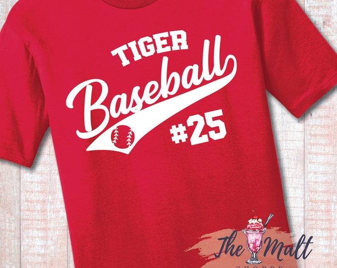 Malt Shoppe CUSTOM YOUR TEAM Baseball Swoosh Your Team Your Mascot Your Player's Number Custom T-Shirt