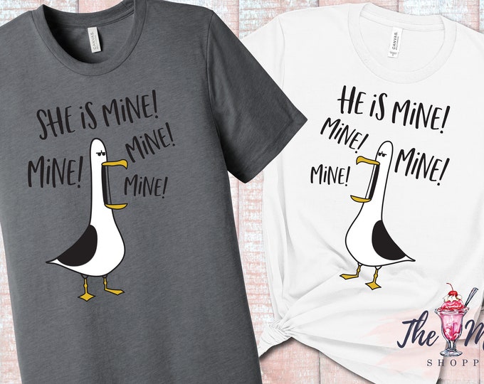 MALT SHOPPE Nemo Mine Bird Shirts Couple set TWO Shirts He Is Mine She Is Mine They Are Mine Honeymoon Anniversary Shirt Set