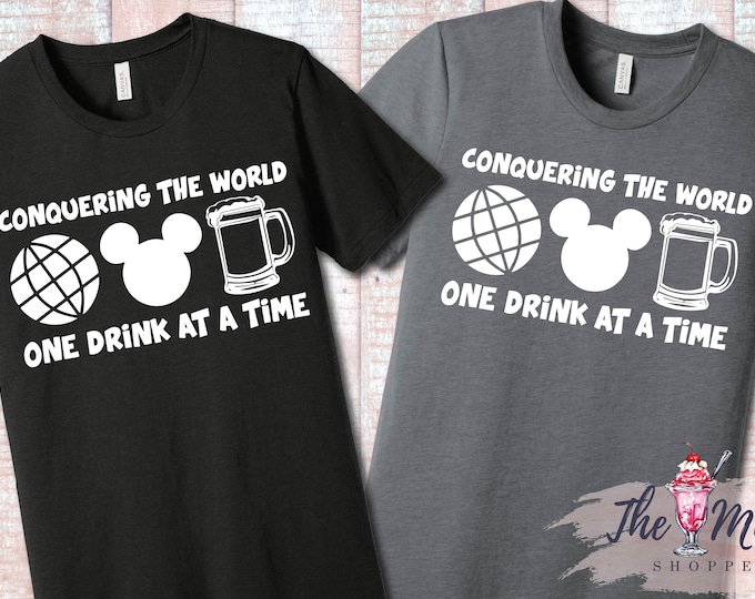 Conquering the World Couple Shirts Mickey Drinking Around the World Epcot Shirt