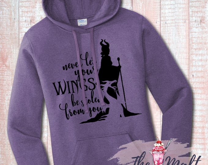 MALT SHOPPE Malificent Never Let Your Wings Be Stolen From You Purple Heather Hoodie Ladies Fit XS - 4X