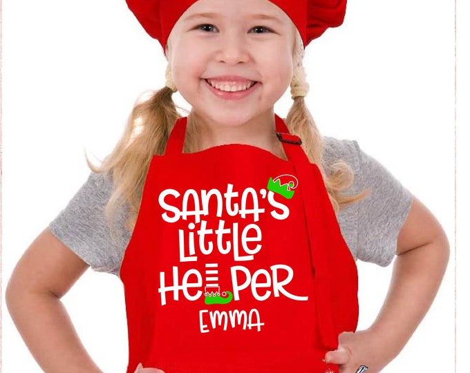 MALT SHOPPE Christmas Red Santa's Little Helper Personalized Apron YOUTH Includes Apron and Chef Hat