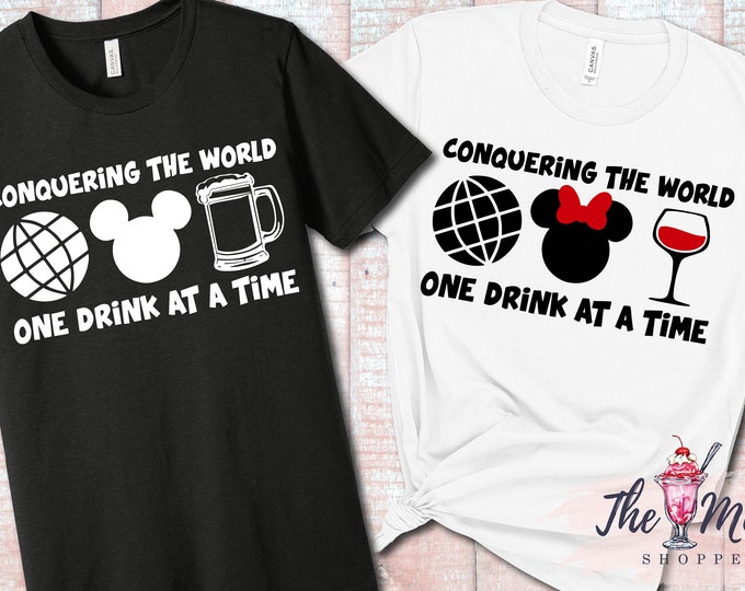 MALT SHOPPE Conquering the World One Drink at a Time Inspired by Epcot Disney Couple Shirts TWO shirts combo listing