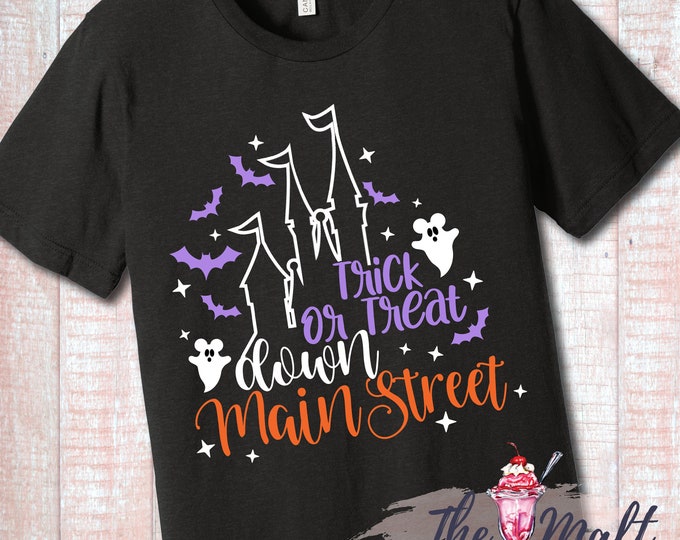 MALT SHOPPE Halloween Castle Magic Kingdom Trick or Treat Down Main Street Disney World Shirt