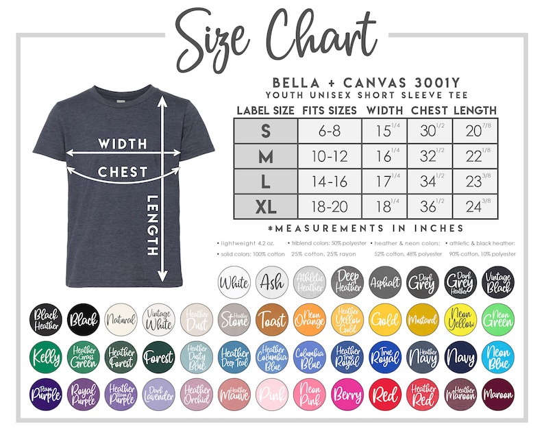 Może przedstawiać: Tabela rozmiar&oacute;w dla dziecięcego, unisexowego t-shirtu z kr&oacute;tkim rękawem Bella + Canvas 3001Y. Tabela pokazuje rozmiar etykiety, pasujące rozmiary, szerokość, klatkę piersiową i długość w calach. Tabela zawiera paletę kolor&oacute;w z r&oacute;żnymi kolorami dla t-shirtu.
