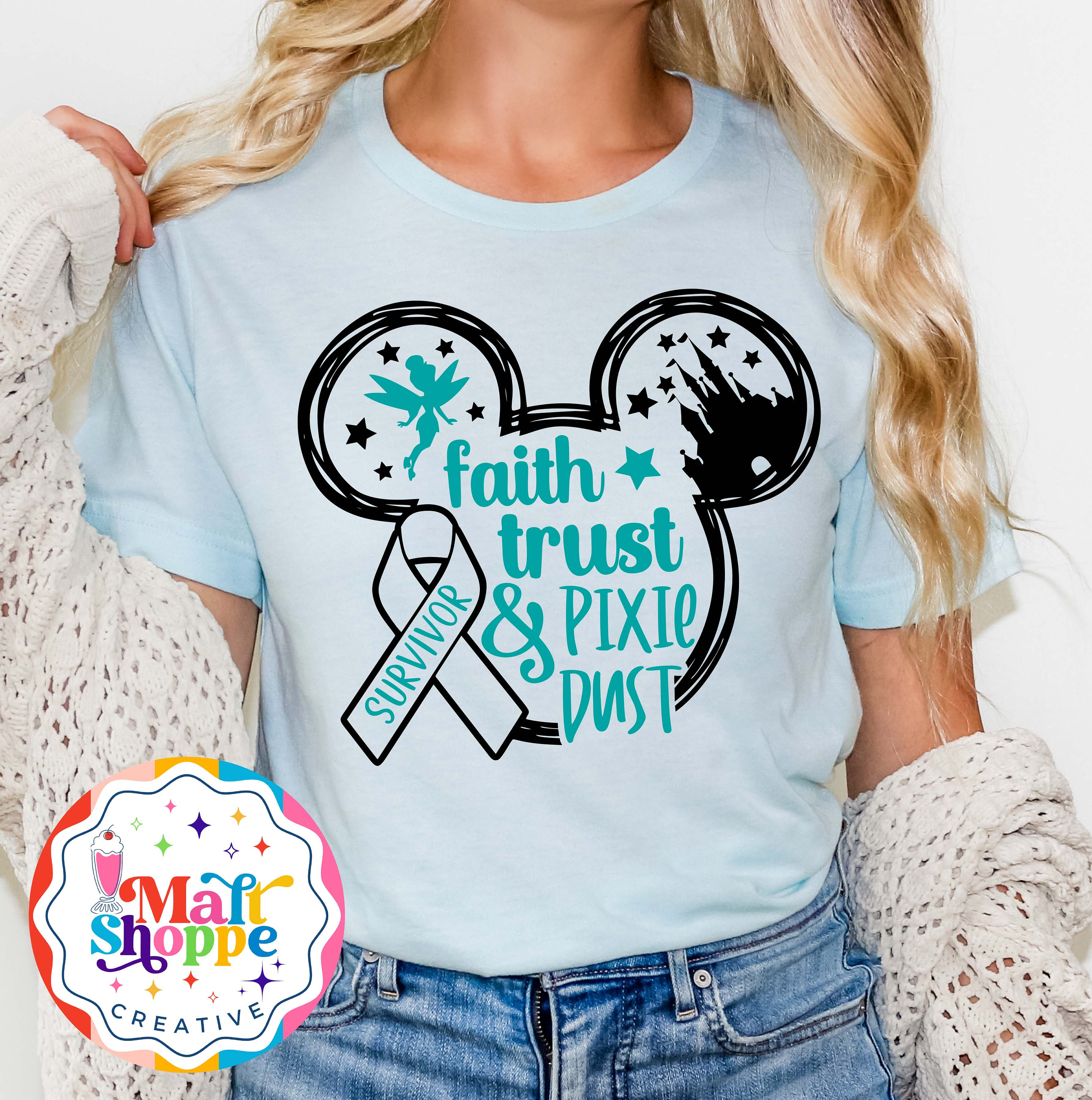 MALT SHOPPE Breast Cancer Ovarian Cancer Custom Any Color for Cancer Support Warrior Faith Trust Pixie Dust Disney Unisex Shirt