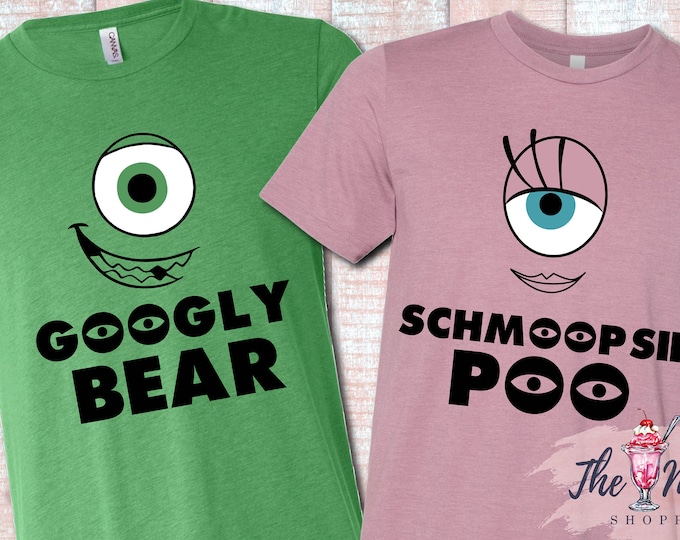 MALT SHOPPE Monsters Inc Mike Wazowski Celia Googly Bear Schmoopsie Poo Couple Shirts TWO shirts combo listing
