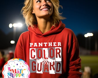 May include: Red hoodie with a white graphic that says "Panther Color Guard" in a distressed font.