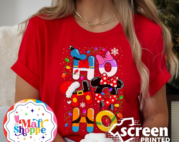 MALT SHOPPE Disney Ho Ho Ho Fab 5 Mickey Minnie Donald Goofy Pluto Christmas Holiday Family Tee Shirt