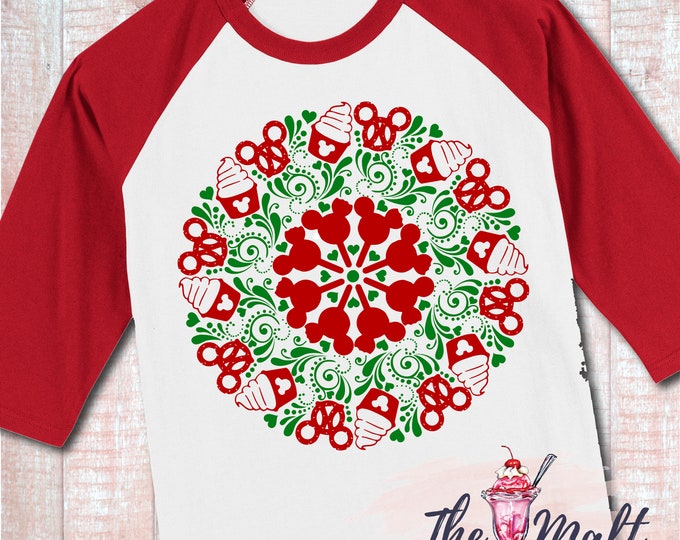 MALT SHOPPE Christmas Snacks Treats Mandala Mickey Raglan Shirt Youth Adult