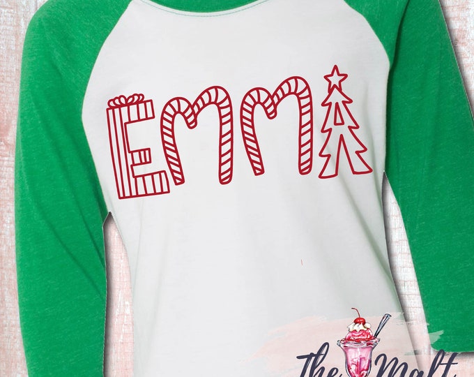 MALT SHOPPE Christmas Custom Name Raglan Shirt Toddler Youth Adult