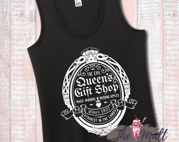 MALT SHOPPE Evil Queen Gift Shop Apothecary Magic Mirror Poison Apple Snow White Villain Disney World Tank Top