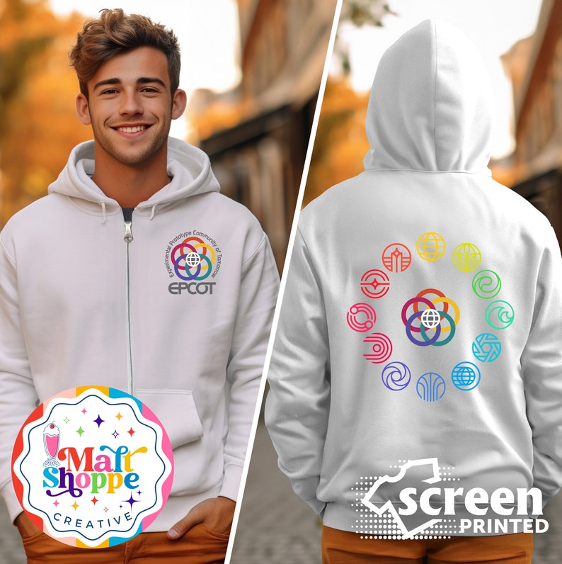 May include: White zippered hoodie with a colorful logo on the front that says "EPCOT Experimental Prototype Community of Tomorrow" and a circle of colorful logos on the back. The hoodie is screen printed.