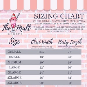 May include: Sizing chart for shirts, showing chest width and body length measurements in inches for sizes XS to 3XL. The chart is on a pink brick wall background with a cartoon image of a milkshake.