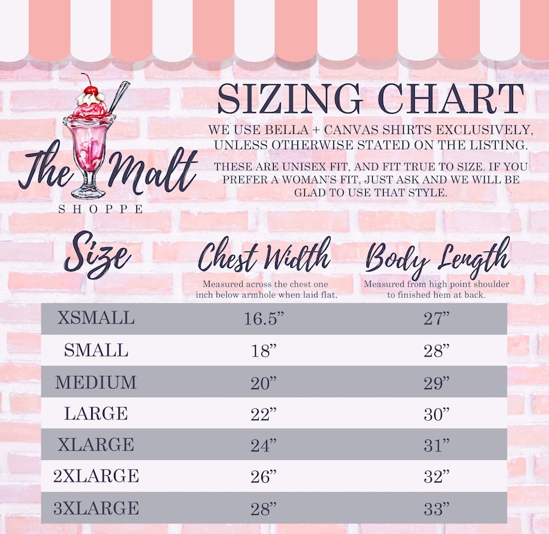 May include: Sizing chart for shirts, showing chest width and body length measurements in inches for sizes XS to 3XL. The chart is on a pink brick wall background with a cartoon image of a milkshake.