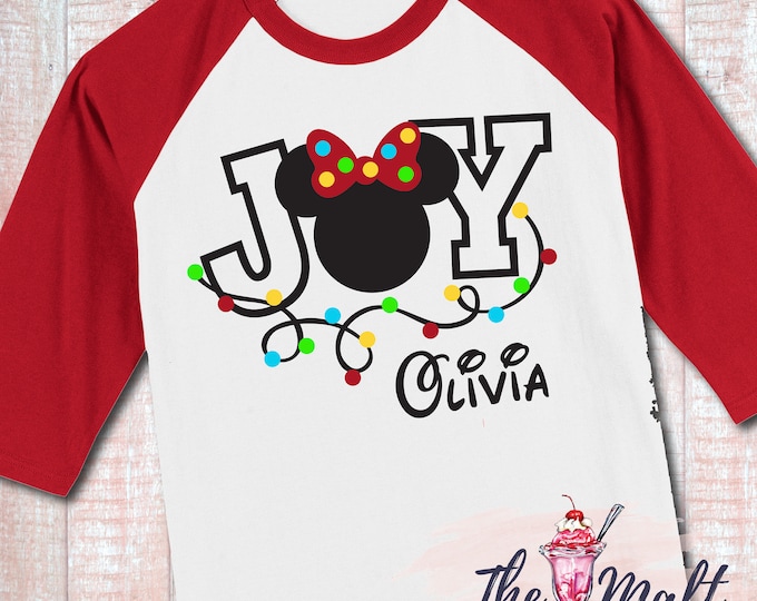 MALT SHOPPE Disney Christmas Jollywood Nights JOY Minnie Lights  Raglan Shirt Toddler Youth Adult