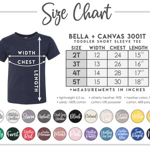 Może przedstawiać: Tabela rozmiar&oacute;w dla dziecięcego T-shirtu z kr&oacute;tkim rękawem Bella + Canvas 3001T. Tabela pokazuje rozmiary 2T, 3T, 4T i 5T z odpowiadającymi im wymiarami szerokości, klatki piersiowej i długości w calach.