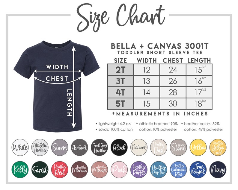 Może przedstawiać: Tabela rozmiar&oacute;w dla dziecięcego T-shirtu z kr&oacute;tkim rękawem Bella + Canvas 3001T. Tabela pokazuje rozmiary 2T, 3T, 4T i 5T z odpowiadającymi im wymiarami szerokości, klatki piersiowej i długości w calach.