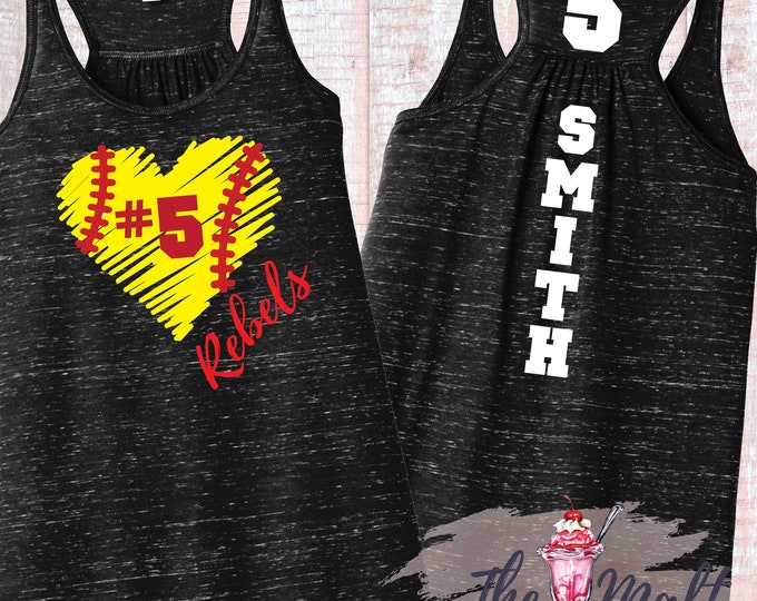 MALT SHOPPE Softball Love My Player Custom Number Bella Flowy Racerback District Tri Gathered Curvy Plus Size up to 4X Tank Top