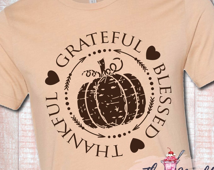 MALT SHOPPE Grateful Thankful Blessed Thanksgiving Pumpkin Shirt