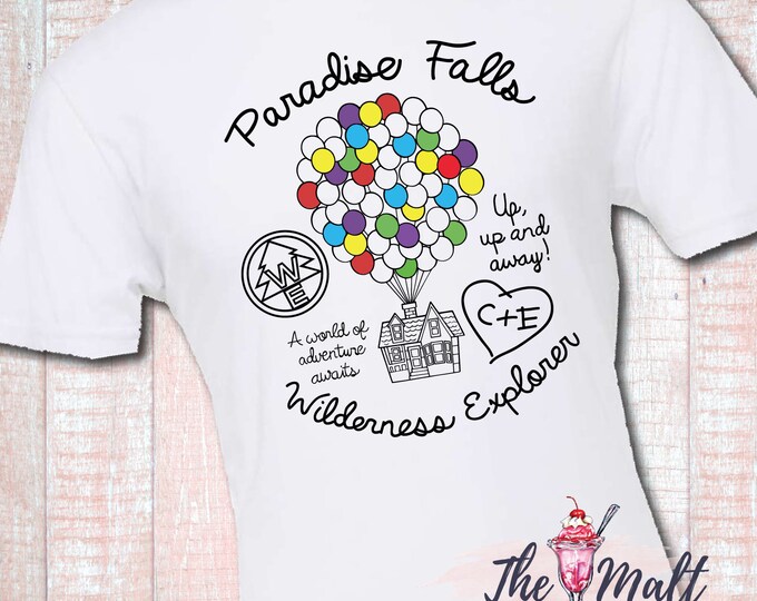 MALT SHOPPE Up Wilderness Explorers Paradise Falls Carl and Ellie Adventure is Out There Disney Tee
