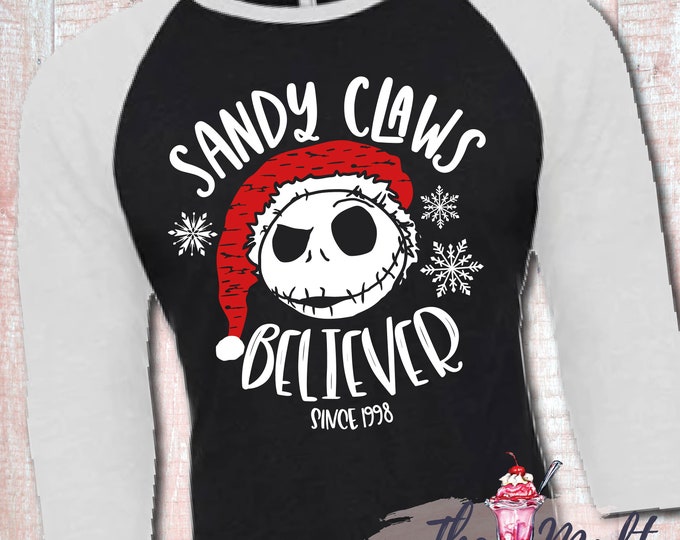 MALT SHOPPE Sandy Claws Believer Inspired by Nightmare Before Christmas Jack Skellington Youth Adult Raglan