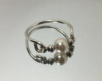 Cream Pearl Ring ~ Wire Wrapped Ring ~ Wire Wrap Ring ~ Sterling Silver Pearl Ring ~ White Pearl Ring ~ Swarovski Pearl Ring