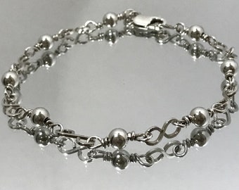 Argentium Silver Wire Wrapped Bracelet ~ Handmade Solid Silver Beaded Chain Link Wire Wrapped Bracelet ~ Simple Silver Bracelet