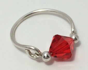 Swarovski Red Crystal Ring ~ Wire Wrapped Ring ~ Wire Wrap Ring ~ Swarovski Ring ~ Sterling Silver Ring ~ Red Ruby Ring ~ Ruby Red Crystal