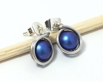 Iridescent Dark Blue ~ Argentium Silver Swarovski Crystal Pearl Stud Earrings ~Handmade Sterling Silver Earrings ~ Blue Pearl Stud Earrings