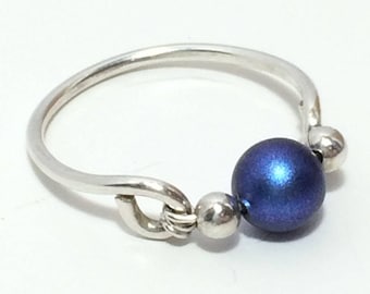 Iridescent Dark Blue Swarovski Ring ~ Wire Wrapped Ring ~ Wire Wrap Ring ~ Sterling Silver Ring ~ Blue Pearl Ring ~ Swarovski Pearl Ring
