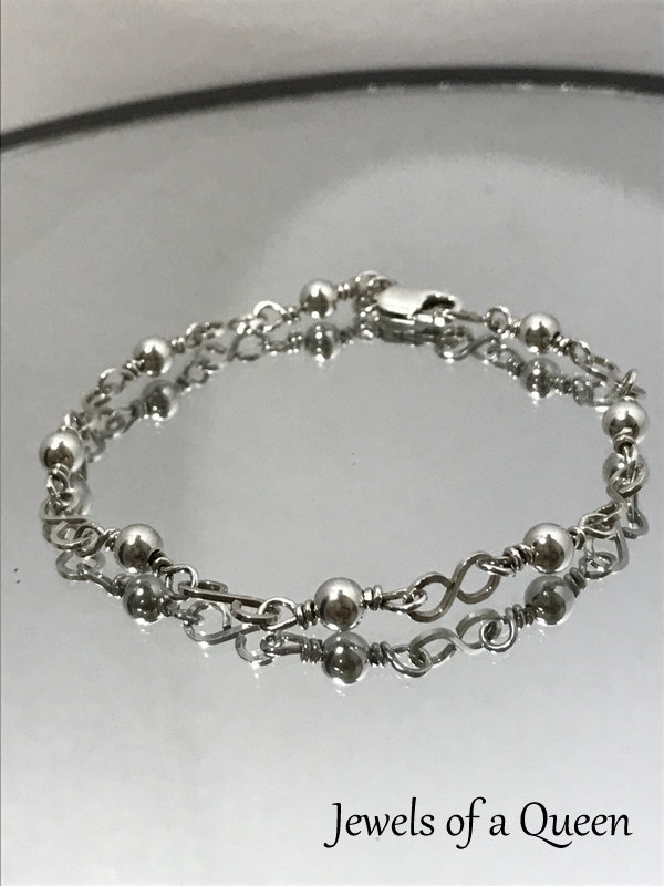 Argentium Silver Wire Wrapped Bracelet ~ Handmade Solid Silver Beaded Chain Link Wire Wrapped Bracelet ~ Simple Silver Bracelet