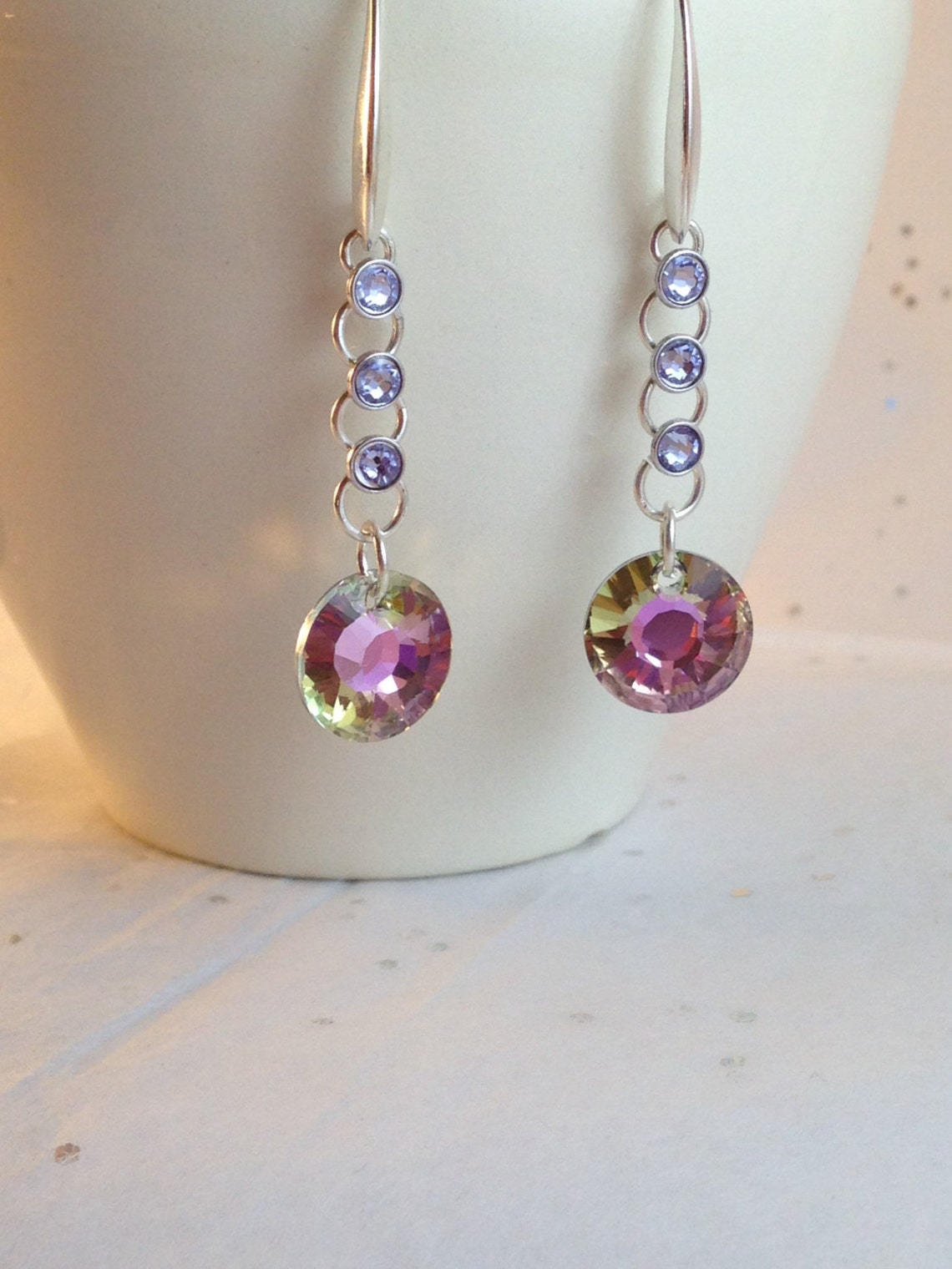 Pink Swarovski Earrings Wire Wrapped Jewelry Handmade Vitrail - Etsy