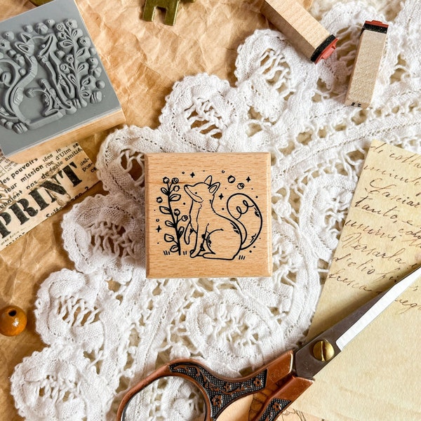 Wooden Rubber Stamp Fox & Blueberry