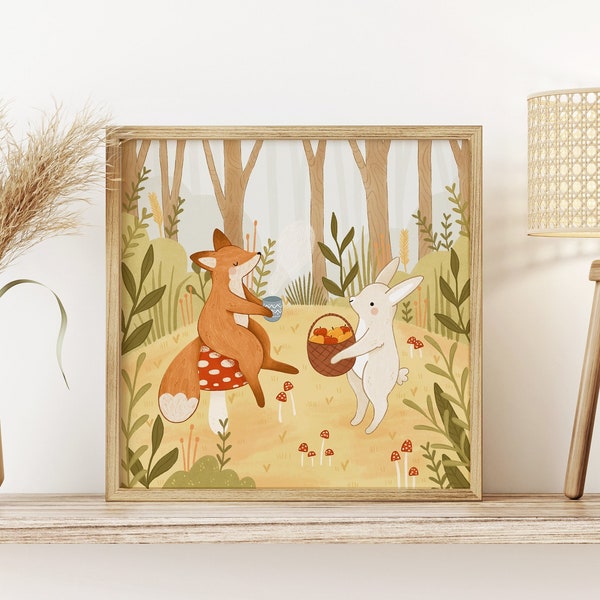 Fox & Bunny enjoying Fall Art Print