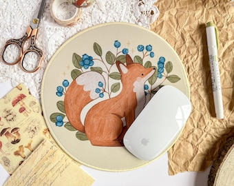 Blueberry Fox Mousepad - Cute Illustrated Round Desktop Mat