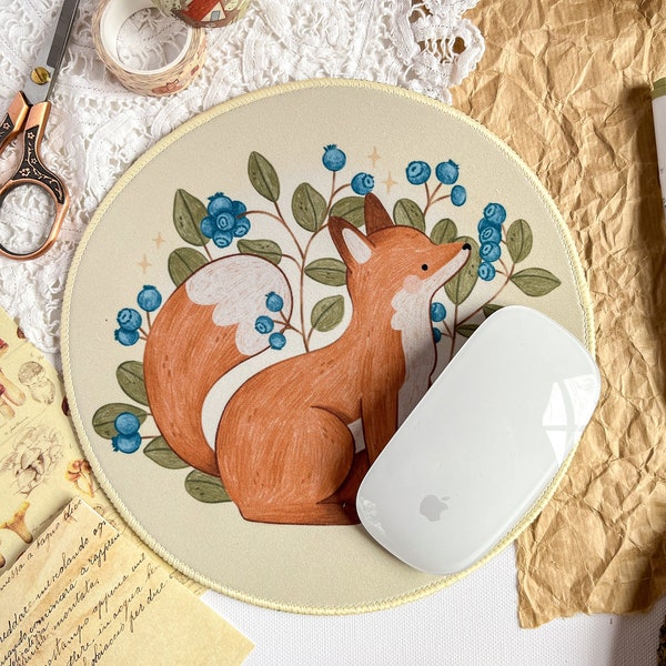 Blueberry Fox Mousepad - Cute Illustrated Round Desktop Mat