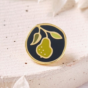Folk Art Pear Pin Badge, Appliqué Quilting Gift, Gold Lapel Brooch, Fruit Enamel Pin